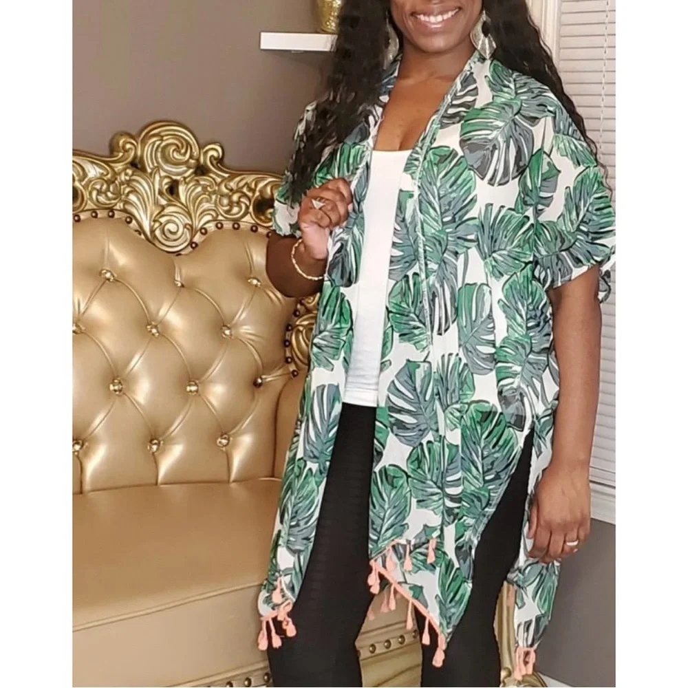 Monstera Palm Print Tropical Botanical Pattern Tassel Sheer Open Front Kimono